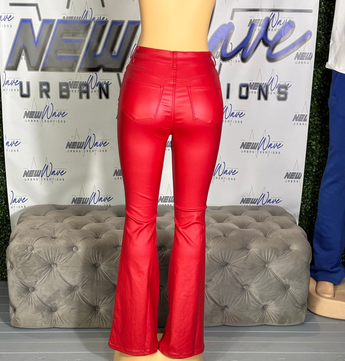RED LEATHER FLARE PANTS