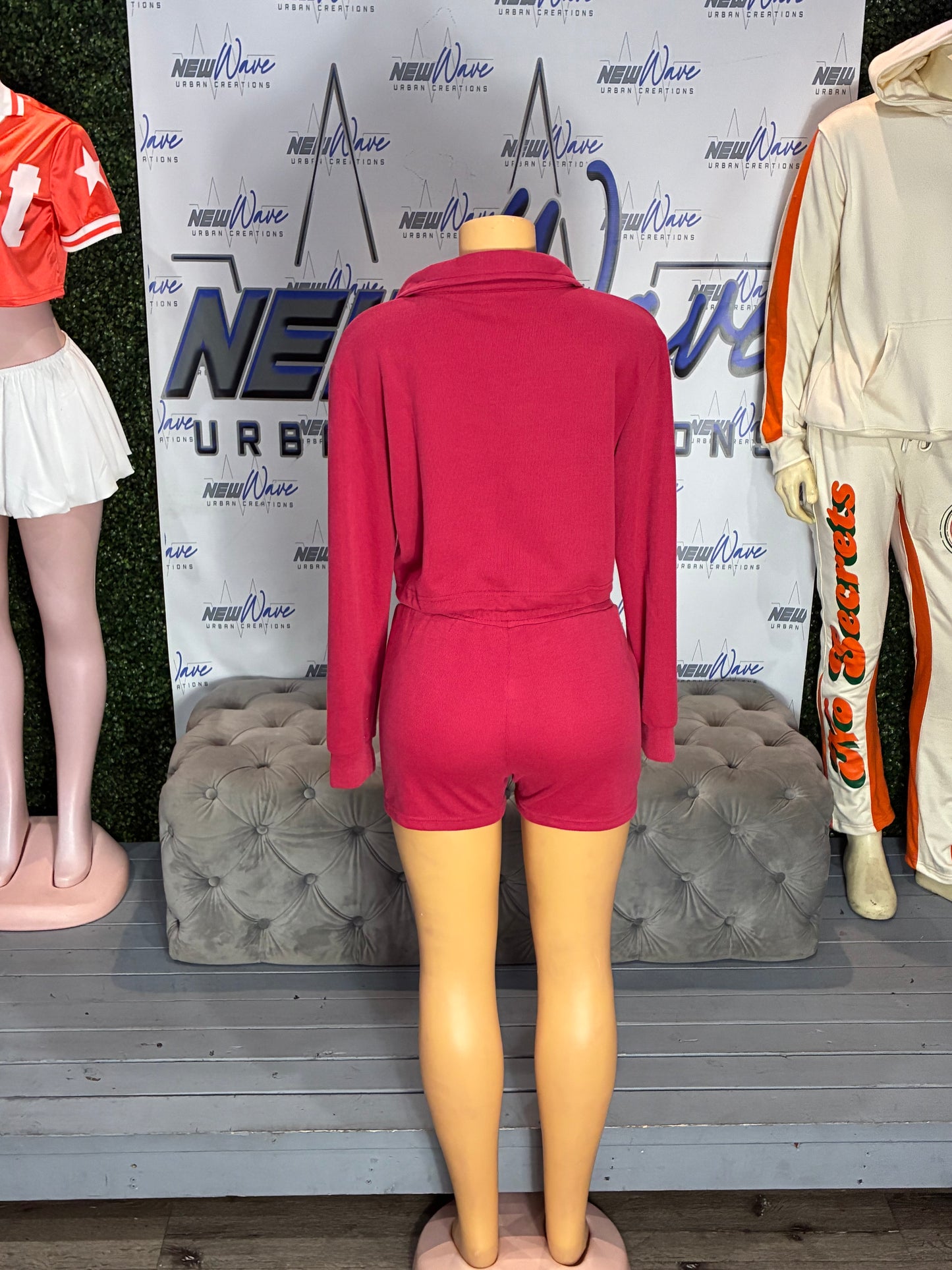 Maroon long sleeve zip short set